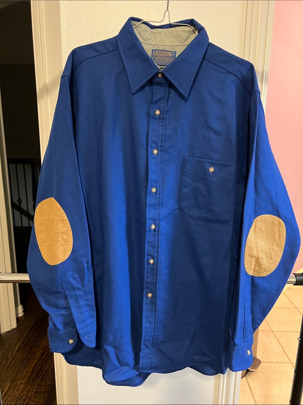 Pendleton Royal Blue Button-Down Shirt with Tan Elbow Patches 100% virgin wool